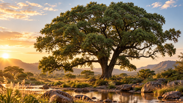 Marula tree in warm sunlight, its broad canopy and grounded trunk symbolising DimOrrie’s roots and legacy