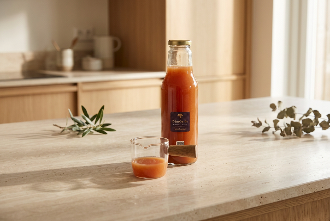The DimOrrie bottle and the glass ritual cup with wooden handle together on a stone kitchen countertop in soft daylight